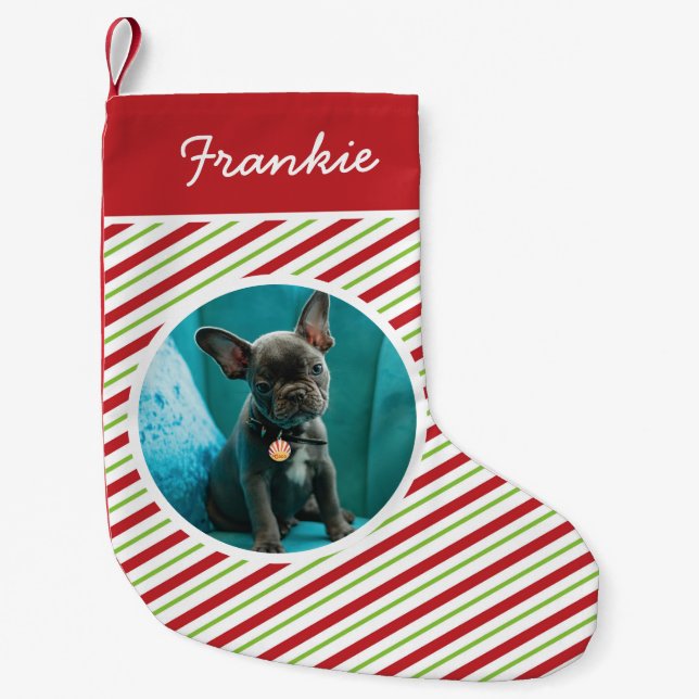 Red and Green Heart Paw Prints Pet Photo Small Christmas Stocking (Front)