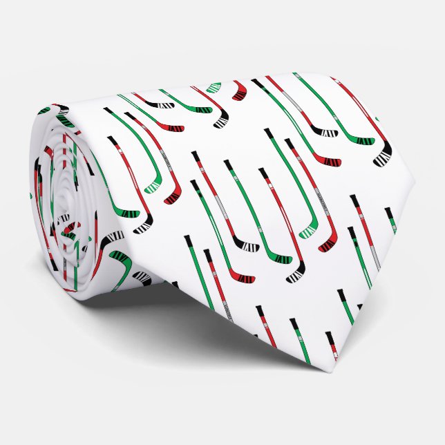 Red and Green Hockey Christmas Sticks Tie (Rolled)