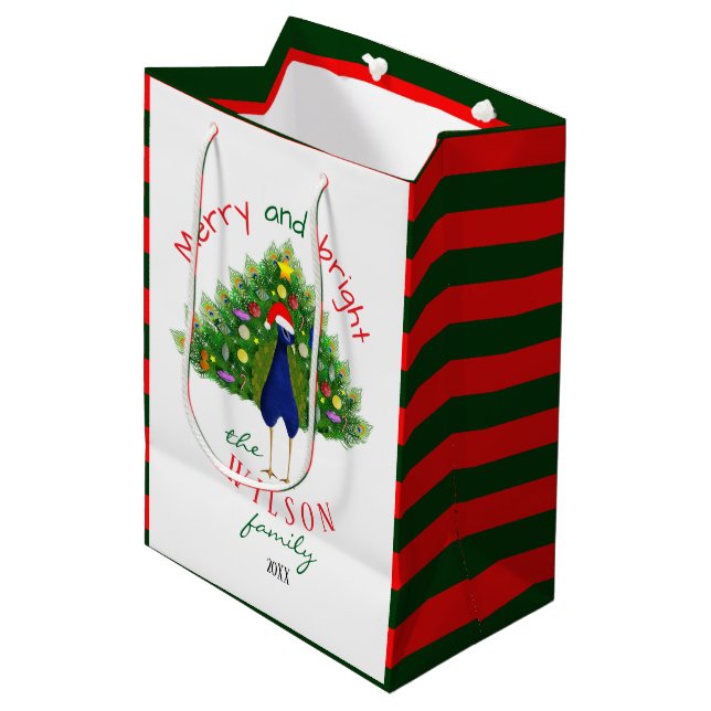 Red and Green Holiday Christmas Tree Peacock  Medium Gift Bag (Front Angled)