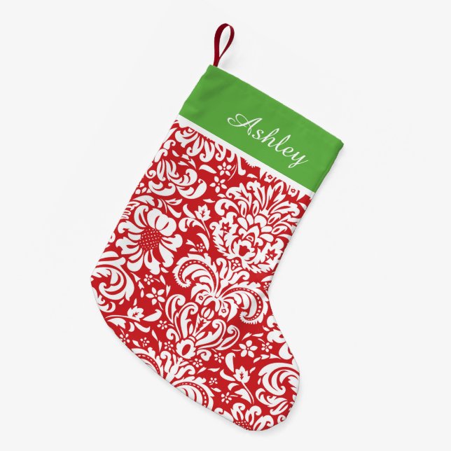 Red and Green Holiday Damask Monogram Small Christmas Stocking (Front (Hanging))