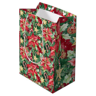 Red and Green Holiday Floral Candy Cane Medium Gift Bag