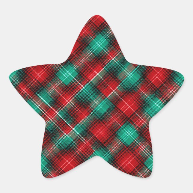 Red and green holiday plaid star sticker (Front)