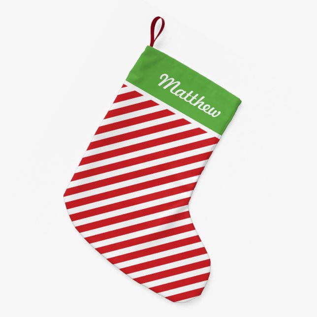Red and Green Holiday Stripes Monogram Small Christmas Stocking (Front (Hanging))