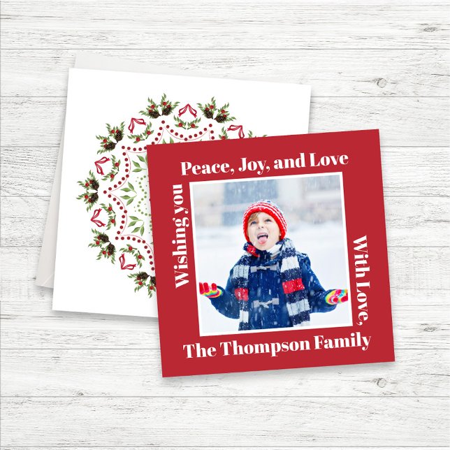 Red and Green Holly Berries Christmas Photo Holiday Card (Creative square photo card with modern typography and red and green mandala.)