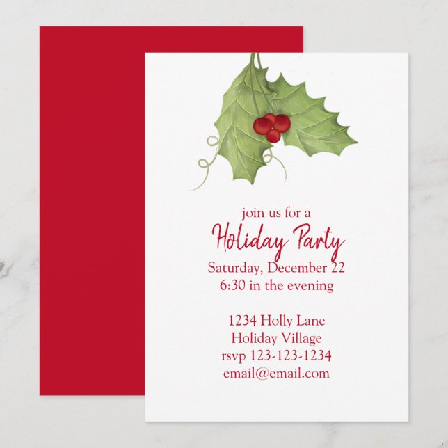Red and Green Holly Berries Holiday Party Invitation (Front/Back)