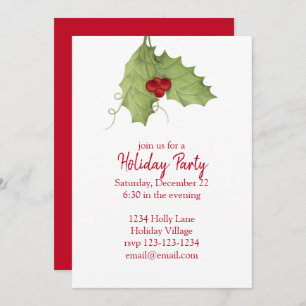 Red and Green Holly Berries Holiday Party Invitation