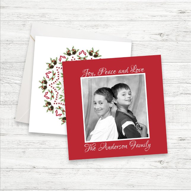 Red and Green Holly Berries One Photo Holiday Card (Christmas Photo card with unique square template and holiday mandala.)