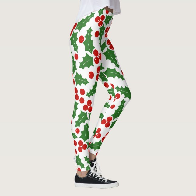 Red and green holly berry pattern Christmas Leggings (Right)
