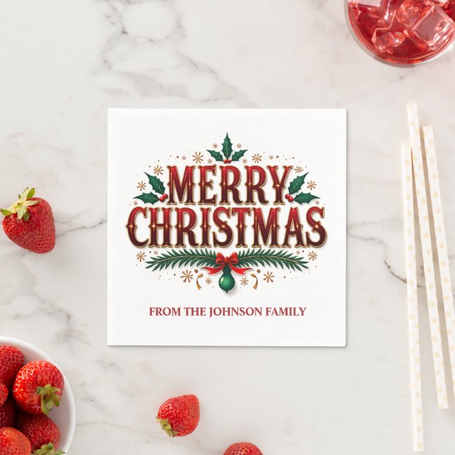 Red and Green Holly Border Merry Christmas Napkin (Insitu)