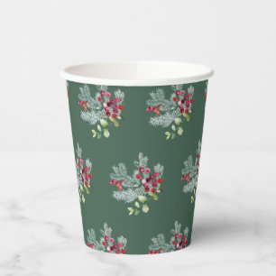 Red and Green Holly Christmas Foliage Botanical Paper Cups