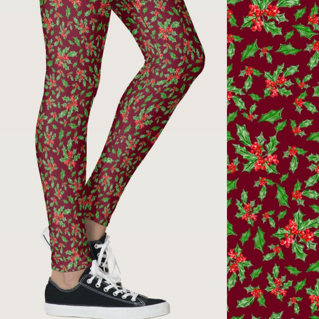 Red and green holly Christmas Patterned Leggings (Creator Uploaded)