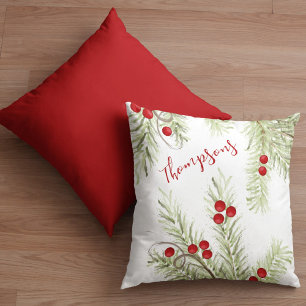 Red and Green Holly Custom Christmas Cushion