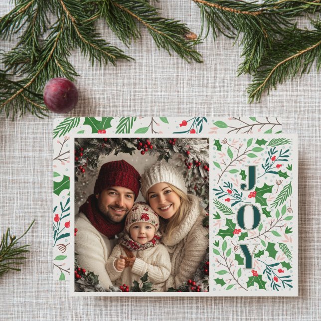Red and Green Holly Joy Christmas Holiday Card (Holly Berry Christmas Card)