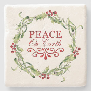Red and Green Holly Wreath Peace on Earth Stone Coaster