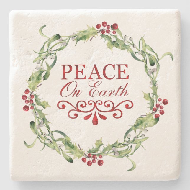 Red and Green Holly Wreath Peace on Earth Stone Coaster (Front)