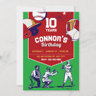 Red and Green illustrated baseball birthday party  Invitation