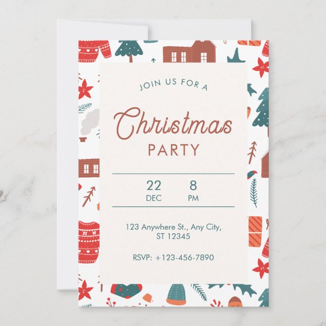 Red And Green Illustrative Christmas Party Invitation (Front)