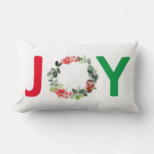 Red and Green Joy Holiday Wreath Pattern Lumbar Cushion
