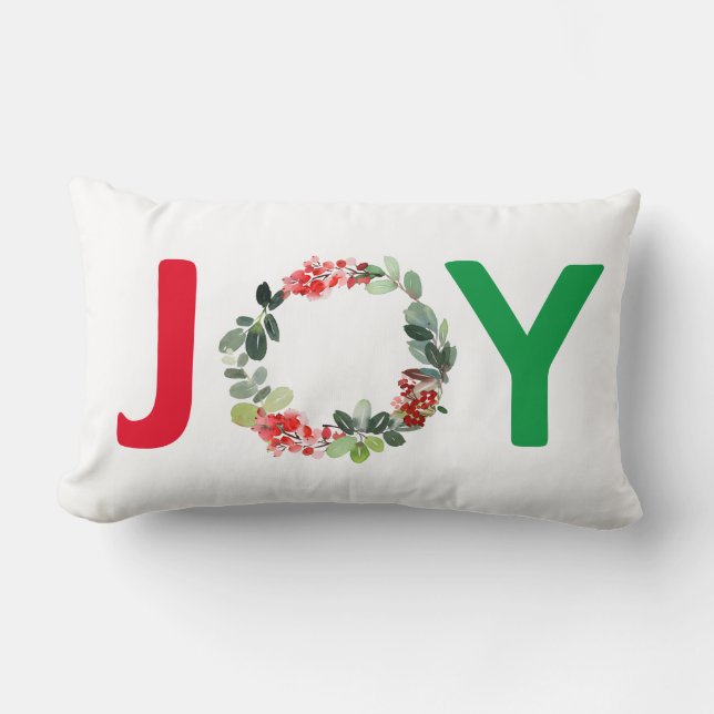 Red and Green Joy Holiday Wreath Pattern Lumbar Cushion (Front)