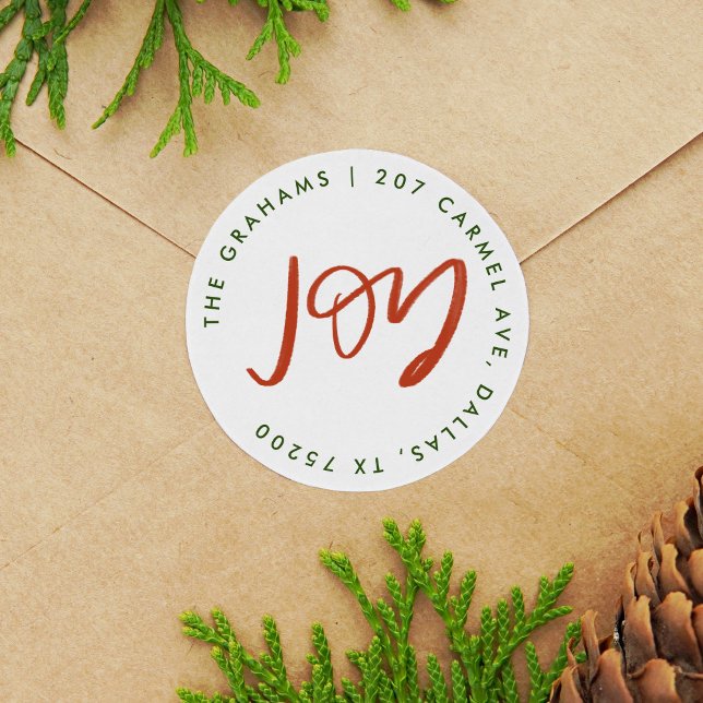 Red and Green Joy Return Address Classic Round Sticker (Hand-lettered JOY Christmas holiday return address label round sticker.)