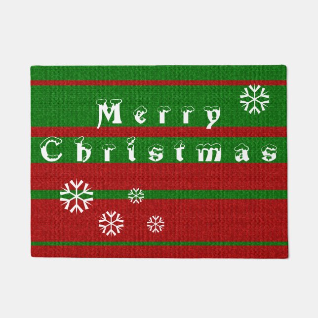 Red and Green Knitting Merry Christmas Holiday Doormat (Front)