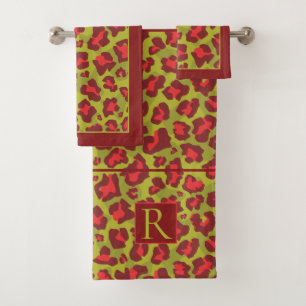 Red and green leopard print and monogram bath towel set