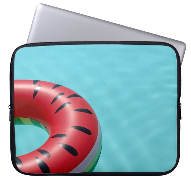 Red and green lifebuoy on swimming pool laptop sleeve (Front)