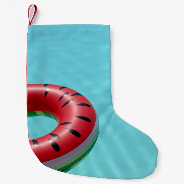 Red and green lifebuoy on swimming pool small christmas stocking (Front)