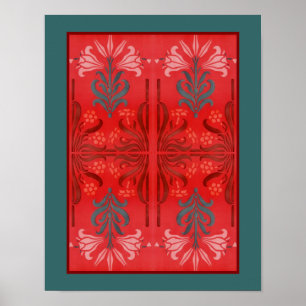 Red And Green Lily Floral Stencil Art Abstract Poster