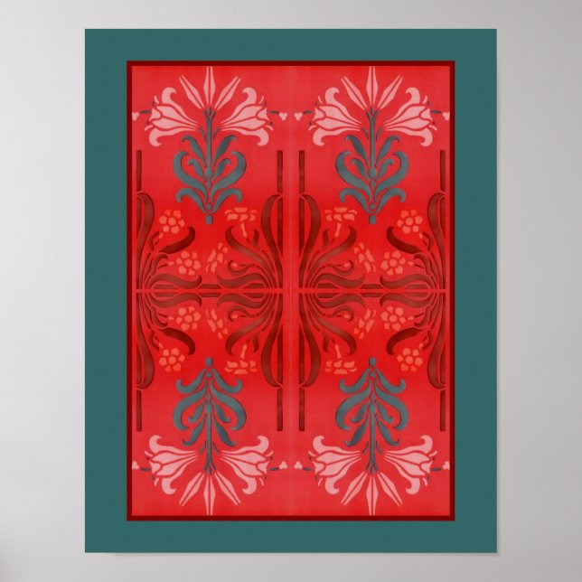 Red And Green Lily Floral Stencil Art Abstract Poster (Front)