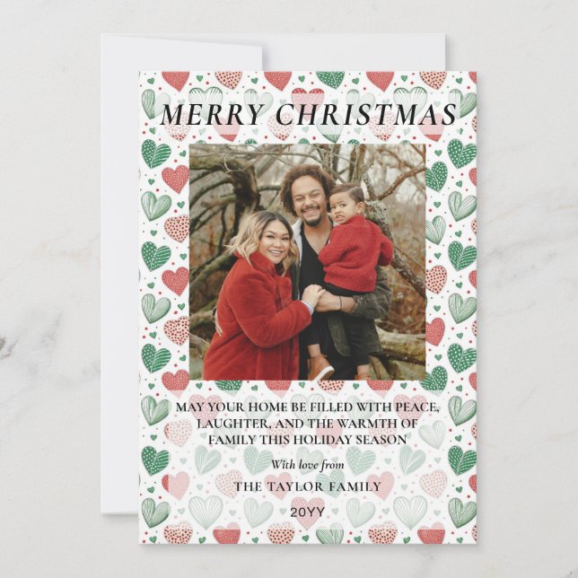 Red and Green Love Hearts Family Christmas Holiday Card (Front)