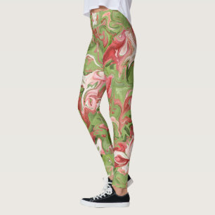 Red and Green Marble Abstract Pattern Christmas Leggings