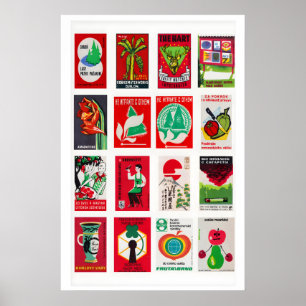 Red and Green Matchbox Label Collage, colour Poster