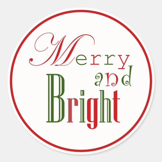 Red and Green "Merry and Bright" Xmas Stickers (Front)