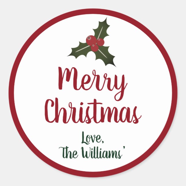 Red and Green Merry Christmas Holly Berries Classic Round Sticker (Front)