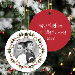 Red and Green Merry Christmas Photo Custom Ceramic Tree Decoration