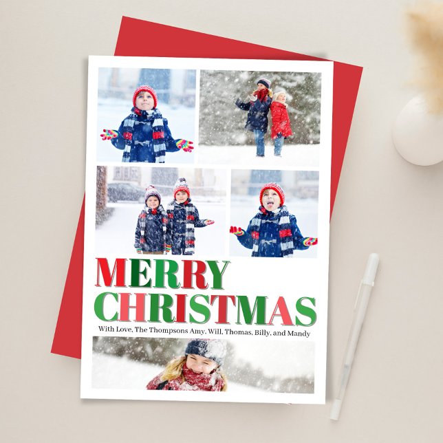 Red and Green Merry Christmas Photo Holiday Card (Merry Christmas Multi Photo Holiday card.)