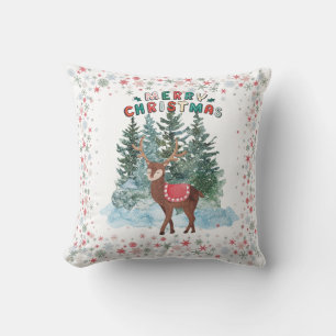 Red And Green Merry Christmas Reindeer Cushion