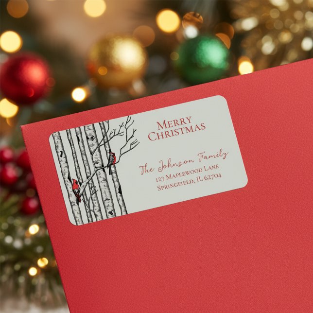 Red and Green Merry Xmas Cardinals Birch Branches Label (Elegant Festive Winter Sage Green Return Address Label. Hand Drawn Red Cardinal Birds in Birch Trees)