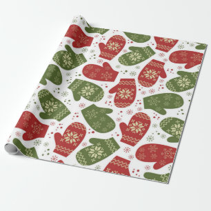 Red and Green Mittens with Snowflakes Christmas Wrapping Paper