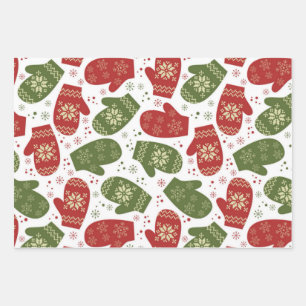Red and Green Mittens with Snowflakes Christmas  Wrapping Paper Sheet