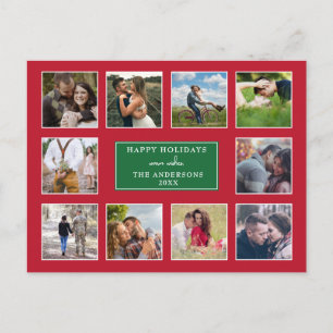 Red and Green Modern 10 Photo Collage Christmas Postcard