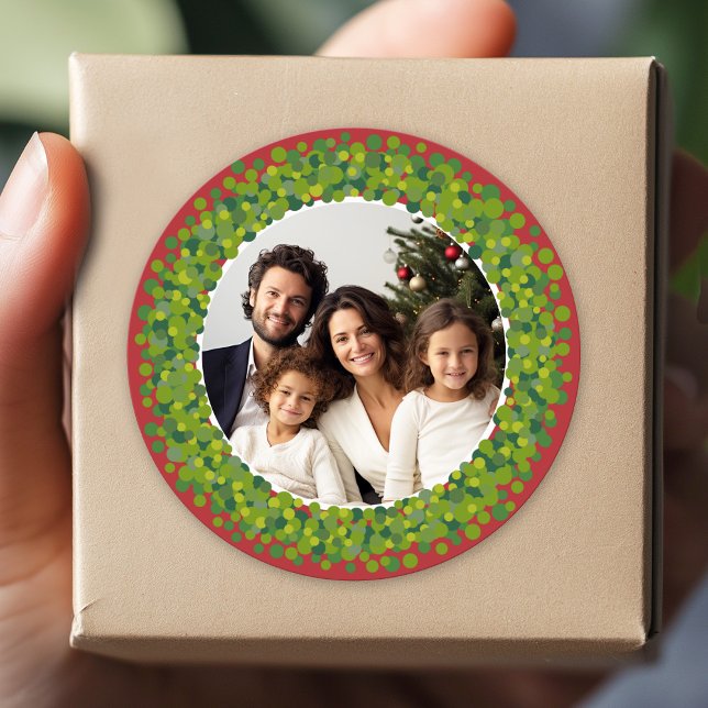 Red and Green Modern Christmas Wreath Classic Round Sticker (Custom Sticker for Party Favors and Envelopes)
