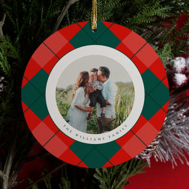 Red and Green Modern Plaid Family Photo Christmas Ceramic Tree Decoration (Creator Uploaded)