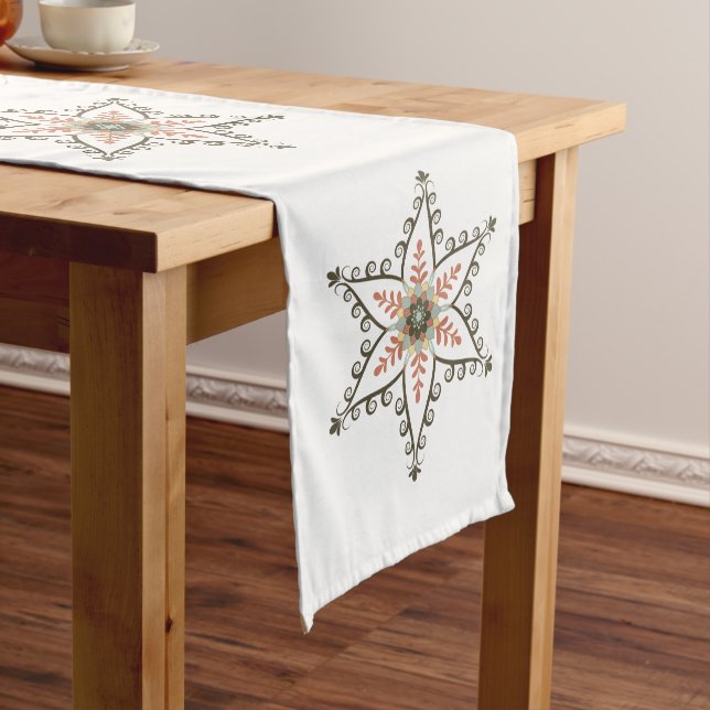 Red and Green Modern Snowflakes Medium Table Runner (In Situ)