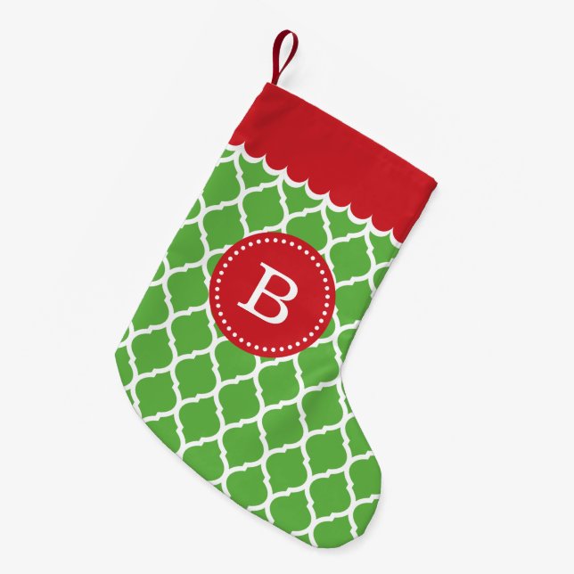 Red and Green Moroccan Quatrefoil Monogram Small Christmas Stocking (Front (Hanging))