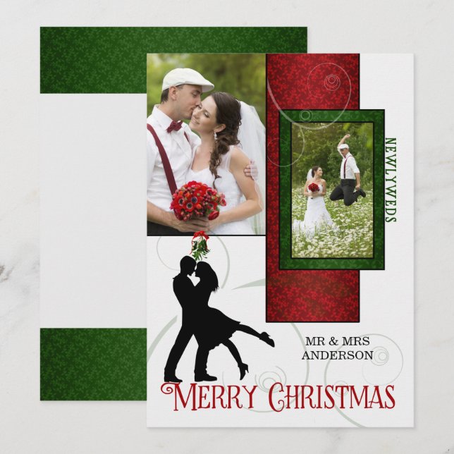 Red and Green Newlyweds 1st Christmas 2 Photo Card (Front/Back)