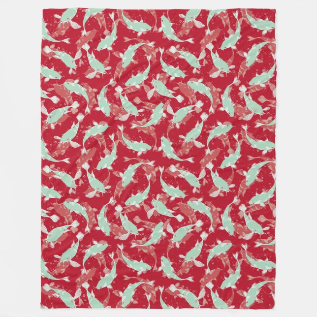Red and Green Pattern - Koi Fish Fleece Blanket (Front)