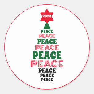 Red and Green Peace Christmas Tree White Classic Round Sticker