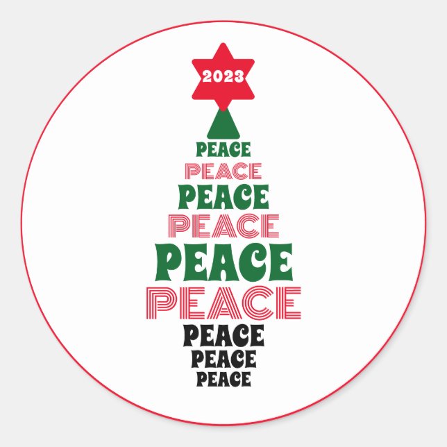 Red and Green Peace Christmas Tree White Classic Round Sticker (Front)